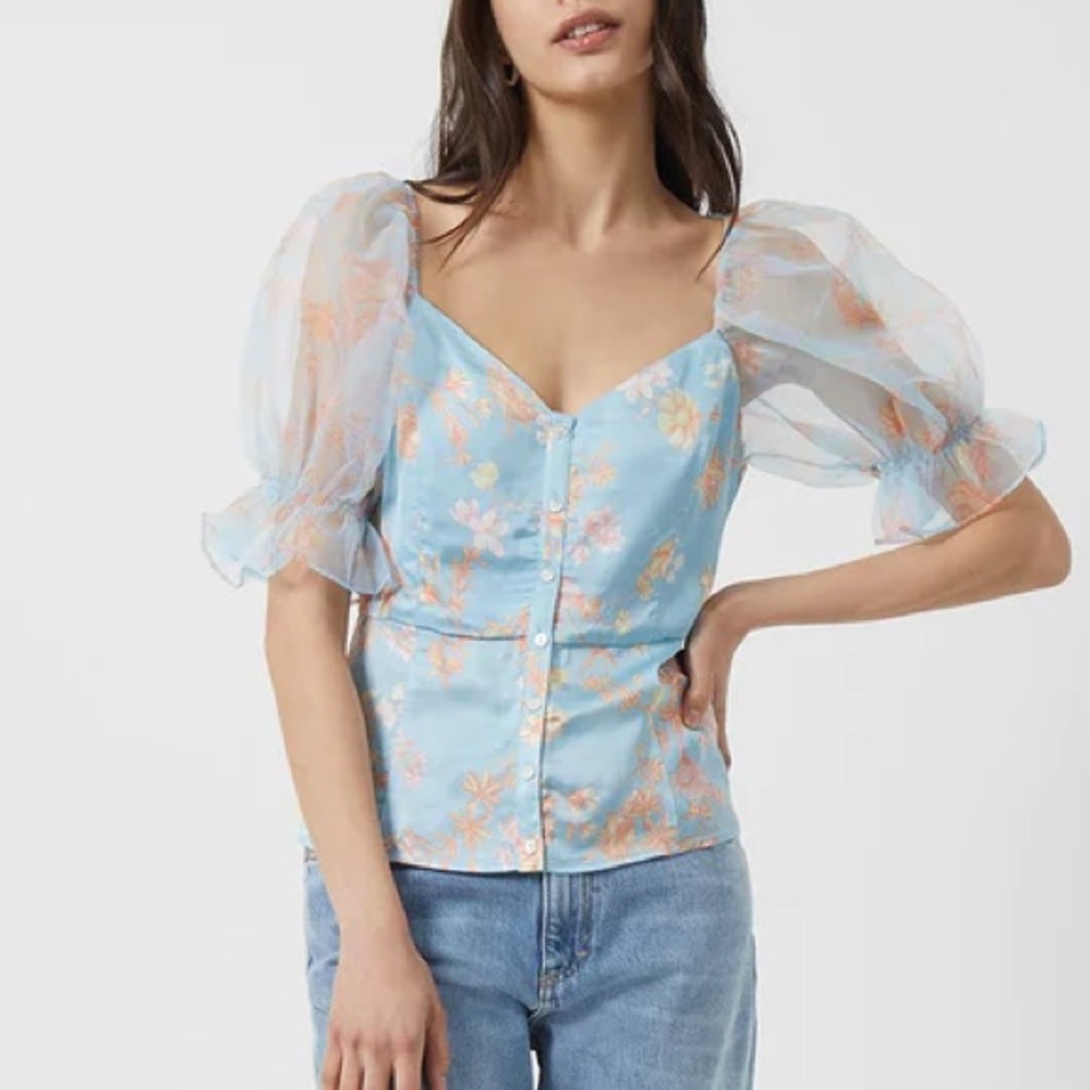 French Connection Women's Multi Forget Me Not Diana Drape Puff Sleeve Top Size 6